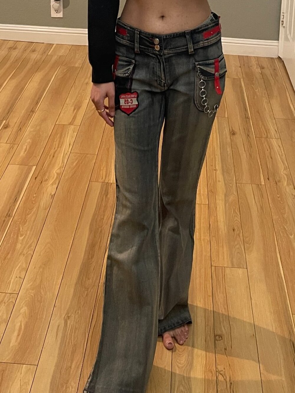 REMIX Jeans Women's Size 30 Y2K Low Rise Flare Bootcut Jeans Gray Wash Red Accen